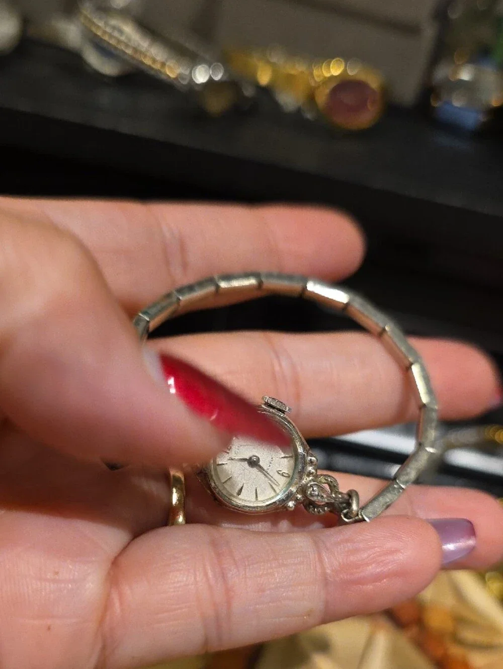 Vintage Silver-Tone Ladies Bracelet Watch with Teal Charm( Works)